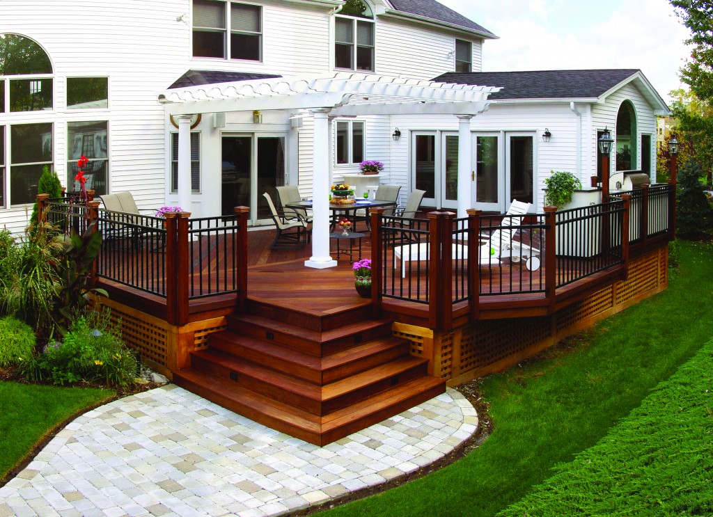 exotic wood deck with white pergola metal railing