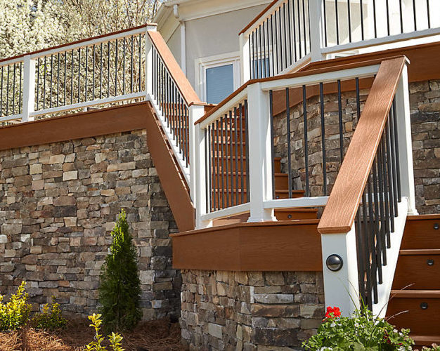trex enhance railing saddle stairs fascia stone facade
